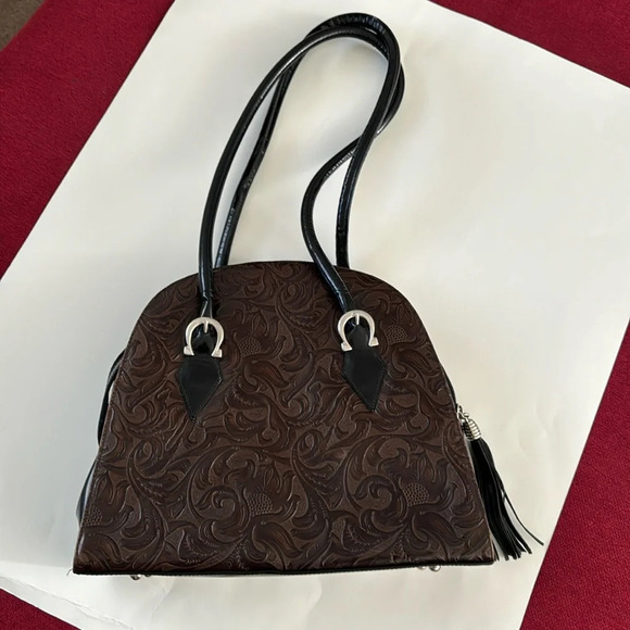 Donald Pliner Embossed Western Leather Earthy Tassel Shoulder Bag - Picture 1 of 17